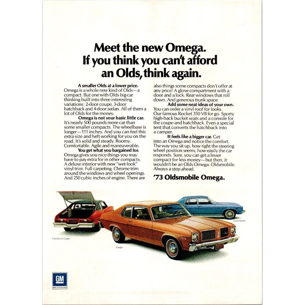 1973 Oldsmobile Omega Coupe and Hatchback Vintage Print Ad Man Cave Wall Art